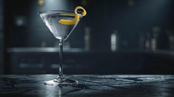 ai généré élégant martini verre avec citron torsion capturé dans de mauvaise humeur fermer photo