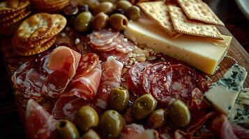 ai généré astucieusement arrangé charcuterie planche vitrines variété de les fromages guéri viandes des fruits et des noisettes dans doux Naturel lumière photo