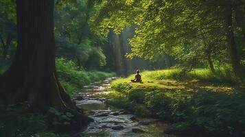 ai généré tranquille forêt clairière yoga méditation en train de lire et natures paisible des sons créer le ultime soins auto-administrés havre photo