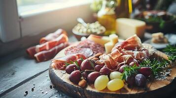 ai généré délicieusement arrangé charcuterie planche sur rustique table baigné dans doux Naturel lumière photo