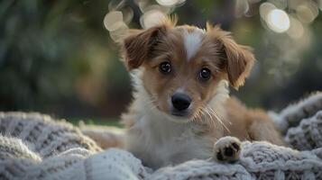 ai généré adorable chiot jouit doux couverture regarder avec brillant yeux dans attrayant verdure photo