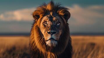 ai généré majestueux Lion intense regard et crinière flou savane Contexte photo