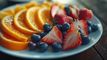 ai généré coloré fruit plat mûr des fraises juteux myrtilles et vibrant Orange tranches capturé dans macro détail photo
