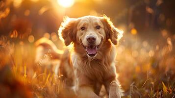 ai généré d'or retriever embrasse le coucher du soleil courir capturé avec 50 mm lentille dans enchanteur champ photo