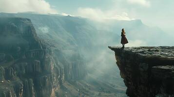 ai généré contemplatif femme admire vaste Montagne paysage capturé dans moyen coup avec 50 mm lentille photo