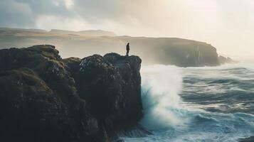 ai généré résistance dans le visage de adversité figure des stands fort au milieu de turbulent les mers et approchant orage photo