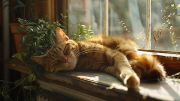 ai généré détendu marron tigré chat se prélasse dans chaud lumière du soleil sur confortable fenêtre seuil photo