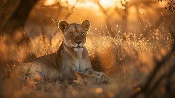 ai généré majestueux lionne se prélasse dans d'or lumière du soleil capturé avec large 200mm lentille photo