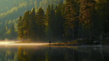 ai généré solitaire figure regards à Montagne de pointe silhouette dans ardent le coucher du soleil au milieu de dense forêt et tranquille Lac photo