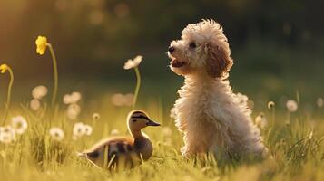 ai généré improbable duo chien et canard forger réconfortant liaison dans Prairie baigné dans lumière du soleil et joyeux camaraderie photo