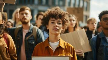 ai généré diverse groupe marches avec manifestation panneaux dans Urbain réglage baigné dans doux Naturel lumière photo