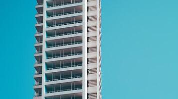 ai généré lisse moderne gratte-ciel capturé contre clair bleu ciel avec 50 mm lentille soulignant réfléchissant verre façade photo