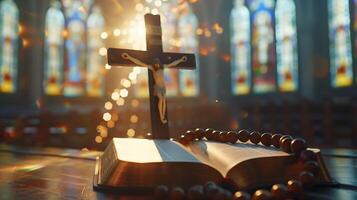 ai généré en bois traverser et prière perles illuminé Bible et coloré verre photo