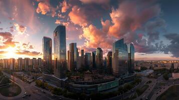 ai généré moderne ville horizon embrasé à le coucher du soleil reflétant chaud lumière du soleil et flottant des nuages photo