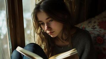 ai généré Jeune femme en train de lire par confortable fenêtre siège baigné dans doux Naturel lumière photo