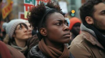 ai généré diverse foule voix manifestation dans Publique carré avec panneaux et bannières parmi Urbain toile de fond photo