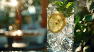 ai généré rafraîchissant limonade verre garni avec citron et menthe capturé dans doux Naturel lumière photo