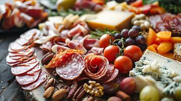 ai généré délicieusement arrangé charcuterie planche se prélasse dans doux Naturel lumière contre rustique Contexte photo