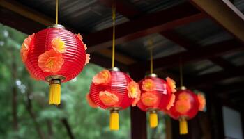 ai généré chinois lanternes pendaison dans le nuit, éclairant le traditionnel Festival généré par ai photo