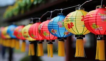 ai généré chinois lanternes pendaison en plein air éclairer le nuit avec vibrant couleurs généré par ai photo