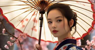 ai généré une magnifique geisha, élégance dans traditionnel vêtements, en portant une papier parapluie généré par ai photo