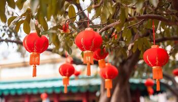 ai généré chinois lanternes pendaison sur arbre, éclairant hiver nuit en plein air généré par ai photo