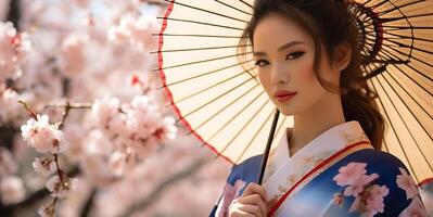 ai généré une magnifique Jeune femme dans traditionnel Japonais Vêtements sourit en plein air généré par ai photo