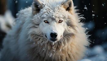 ai généré mignonne chien en marchant dans neigeux forêt, danger entoure généré par ai photo