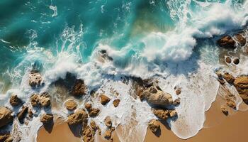 ai généré bleu vague éclabousser sur sablonneux littoral à le coucher du soleil généré par ai photo