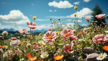 ai généré vibrant Prairie fleurs en dessous de le été ciel généré par ai photo