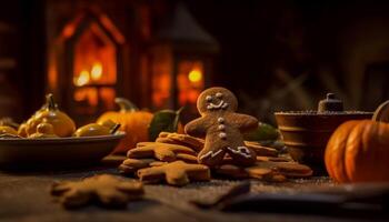 ai généré fait maison citrouille biscuit sur rustique bois table généré par ai photo