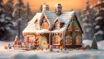 ai généré neige couvert pain d'épice maison avec coloré bonbons décorations généré par ai photo