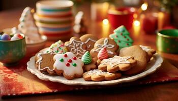 ai généré fait maison pain d'épice biscuits décorer le de fête table généré par ai photo