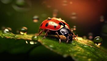 ai généré coccinelle rampant sur vert feuille dans le Prairie généré par ai photo