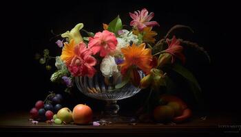 ai généré Frais bouquet de multi coloré fleurs sur en bois table généré par ai photo