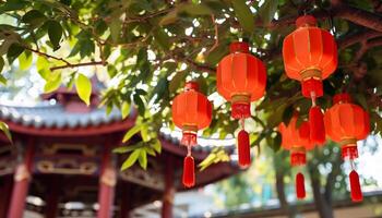 ai généré chinois lanternes pendaison en plein air, éclairant le nuit avec vibrant couleurs généré par ai photo