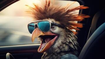 ai généré joyeux oiseau jouit voiture conduire, tête en dehors fenêtre avec lunettes, ai généré photo