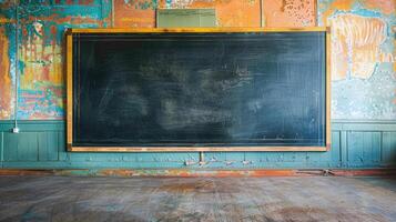 ai généré vide tableau noir attend dans une salle de cours paramètre, prêt pour cours. ai généré. photo