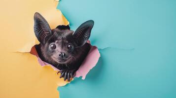 ai généré une humoristique chauve souris pairs par une déchiré trou dans une contraste pastel Couleur papier arrière-plan, ai généré photo