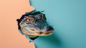 ai généré une humoristique alligator pairs par une déchiré trou dans une contraste pastel Couleur papier arrière-plan, ai généré photo
