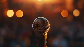 ai généré microphone des stands prêt au milieu de flou séminaire chambre, symbolisant haut-parleurs voix, ai généré photo