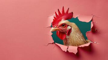 ai généré une humoristique poulet pairs par une déchiré trou dans une contraste pastel Couleur papier arrière-plan, ai généré photo