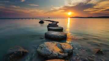 ai généré embarquer sur une tranquille périple le long de une Zen chemin de des pierres, illuminé par le chaud teintes de le coucher du soleil. sérénité se déroule, ai généré. photo