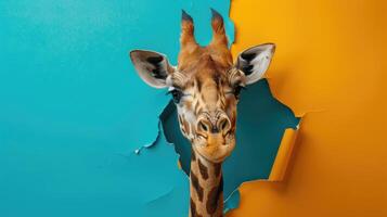 ai généré une humoristique girafe pairs par une déchiré trou dans une contraste pastel Couleur papier arrière-plan, ai généré photo