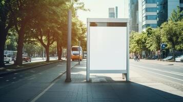 ai généré une verticale Vide blanc panneau d'affichage des stands à une autobus Arrêtez sur une ville rue, offre La publicité espace. ai généré photo