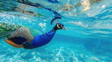 ai généré hilarant sous-marin scène paon dans bassin pièces Profond se plonger action, ai généré. photo