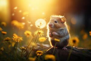 ai généré mignonne hamster en jouant dans une floraison Prairie photo