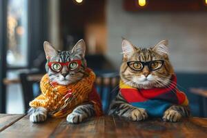 ai généré espiègle chats habillé comme entreprise dirigeants dans une vibrant discussion photo