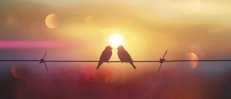 ai généré à le coucher du soleil deux des oiseaux embrasse l'amour et romance dans une Valentin journée étreinte photo