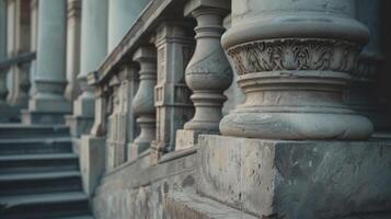 ai généré piliers de tradition. détaillé pierre Colonnes et escalier orner le classique façade de le bâtiment. photo